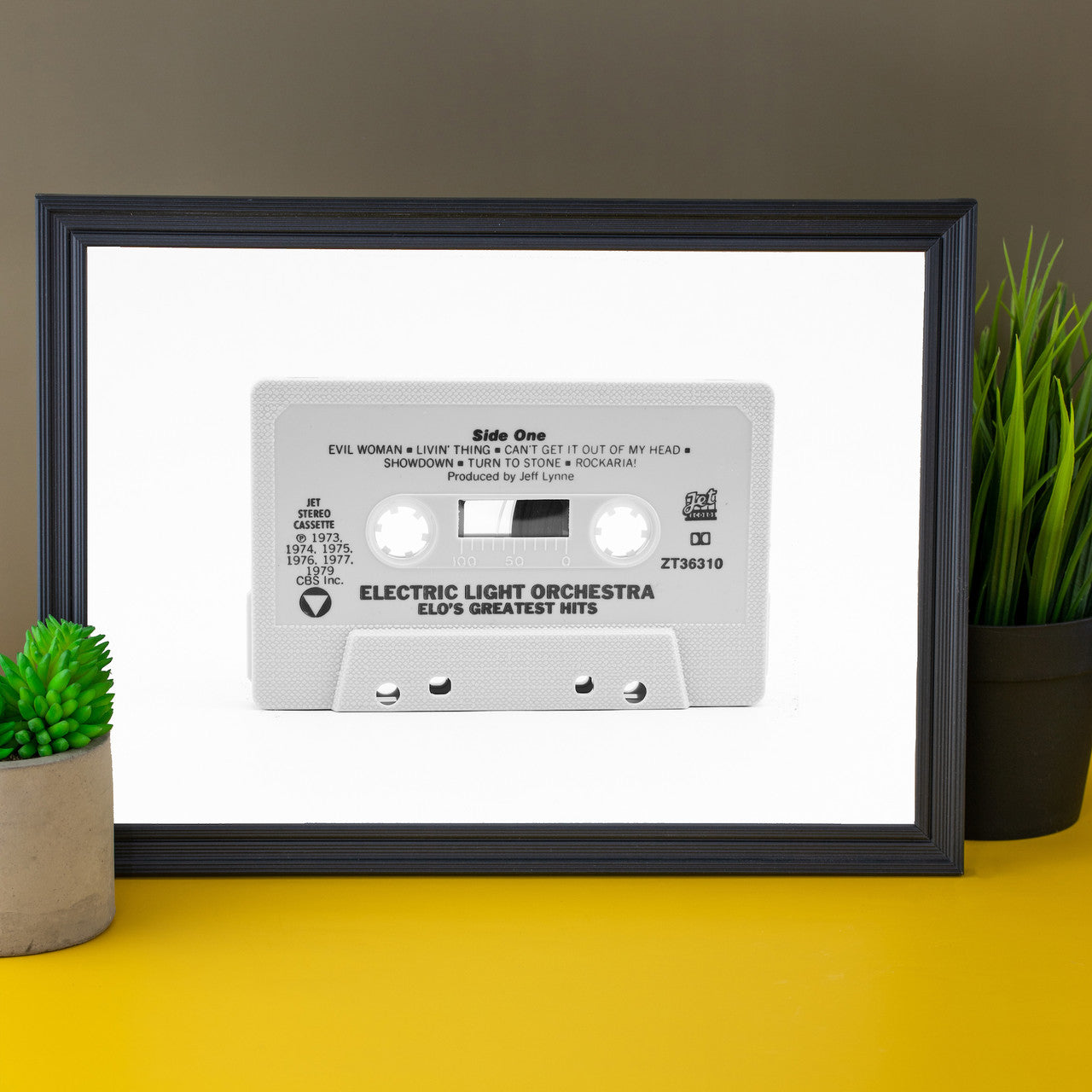 Modern art photo of the cassette of Electric Light Orchestra's "ELO's Greatest Hits" displayed in your office